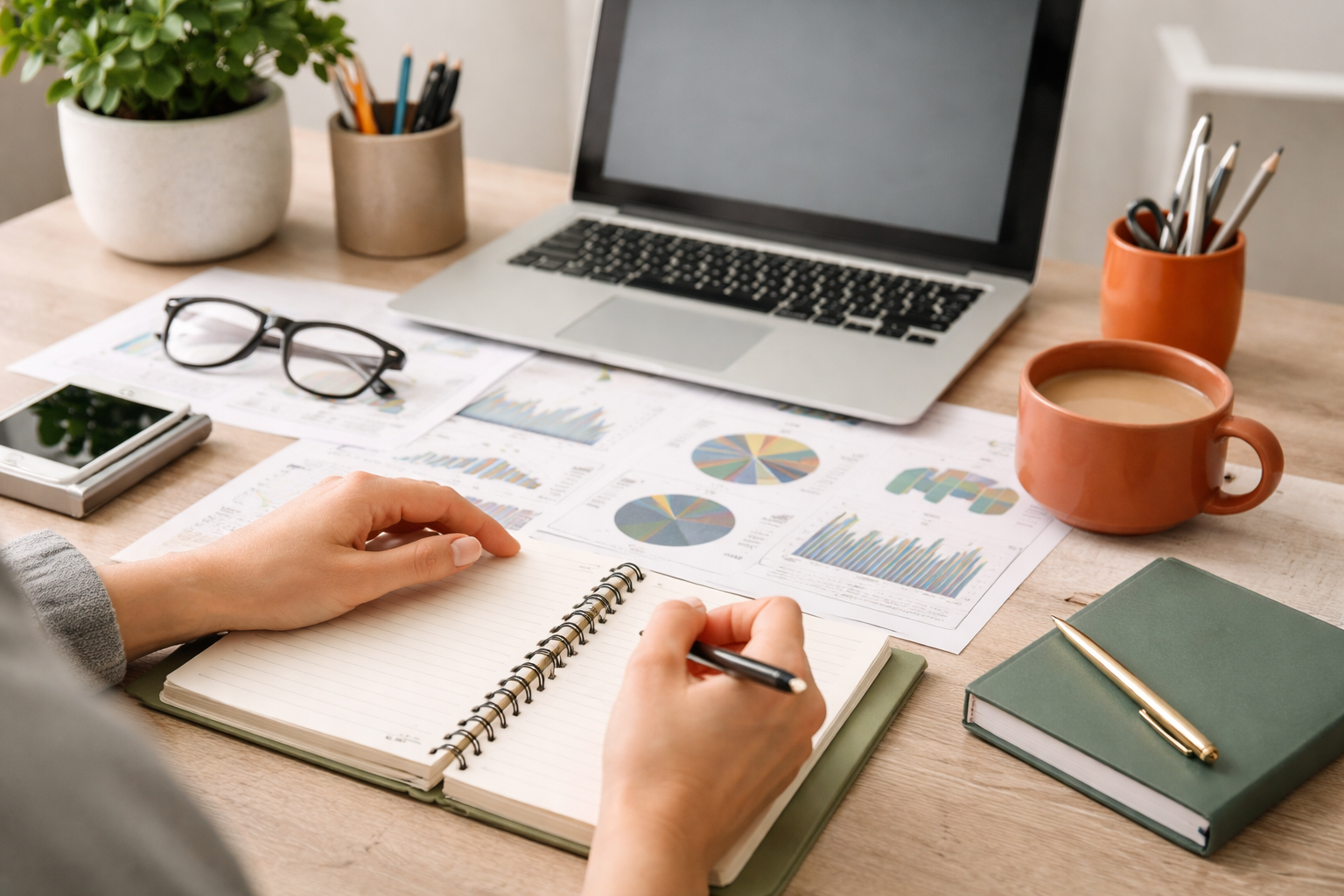 Espace de travail organisé avec ordinateur et documents
